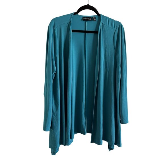 Attitudes By Renee Women 1X Teal Pockets Cascade Open Front Jersey Cardigan - Picture 2 of 10